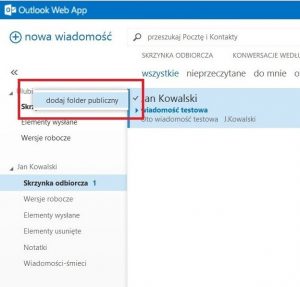 Dodawanie folderu publicznego do obszaru Ulubione w OWA 2013