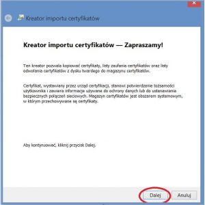 Szyfrowanie - Kreator importu certyfikatów