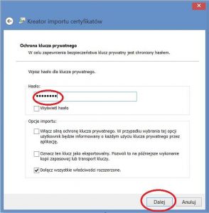 Szyfrowanie - Kreator importu certyfikatów - Ochrona klucza prywatnego