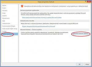 Szyfrowanie - Opcje programu Outlook - Centrum zaufania - Ustawienia