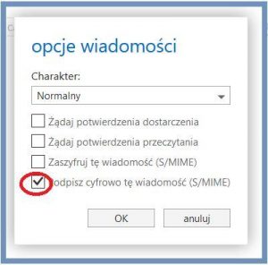 Szyfrowanie - Opcje wiadomości - Podpisz cyfrowo tę wiadomość - OWA